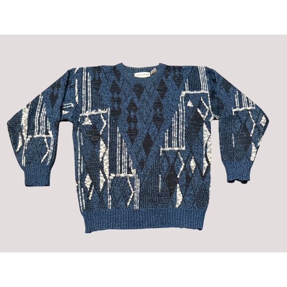 Vintage 80/90s Geometric Sweater Abstract Diamond Pattern Blue Black Gerald M - Picture 1 of 11